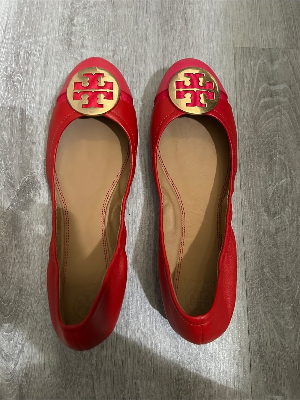Tory Burch Red Leather Logo Ballet Flats with Gold Emblem